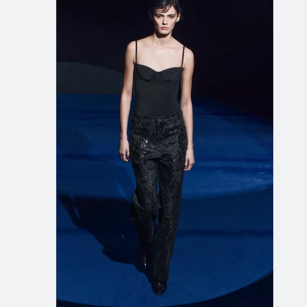 Zara Women 0 Straight Leg Sequin Jeans Mid Rise Black Festival Party Retro New